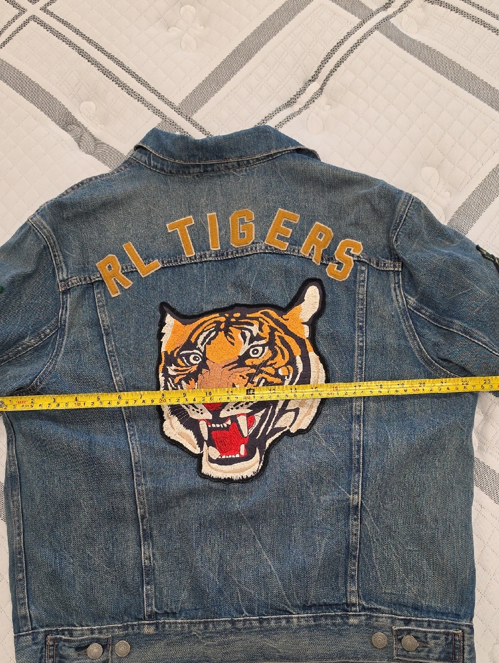 POLO Ralph Lauren Blue Denim TIGER Patch FOOTBALL LETTERMAN JACKET•Large•RARE! - Picture 14 of 15